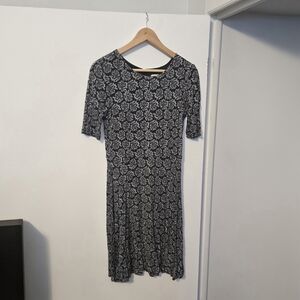 LOFT Gray and White Paisley Dress With Teal Accents